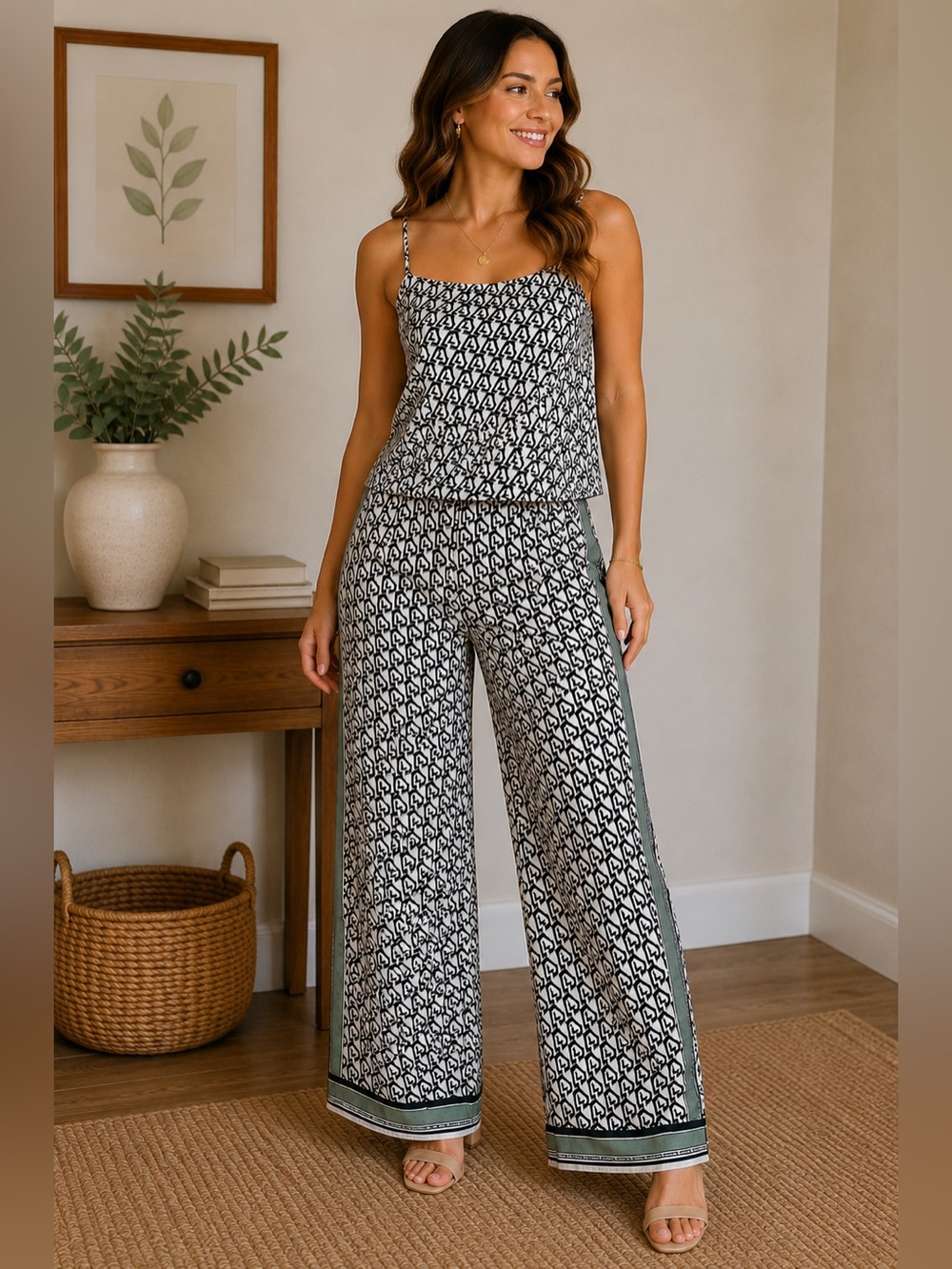 Chic Geometric  Wide-Leg 2 piece set with Green Trim- Resort Wear